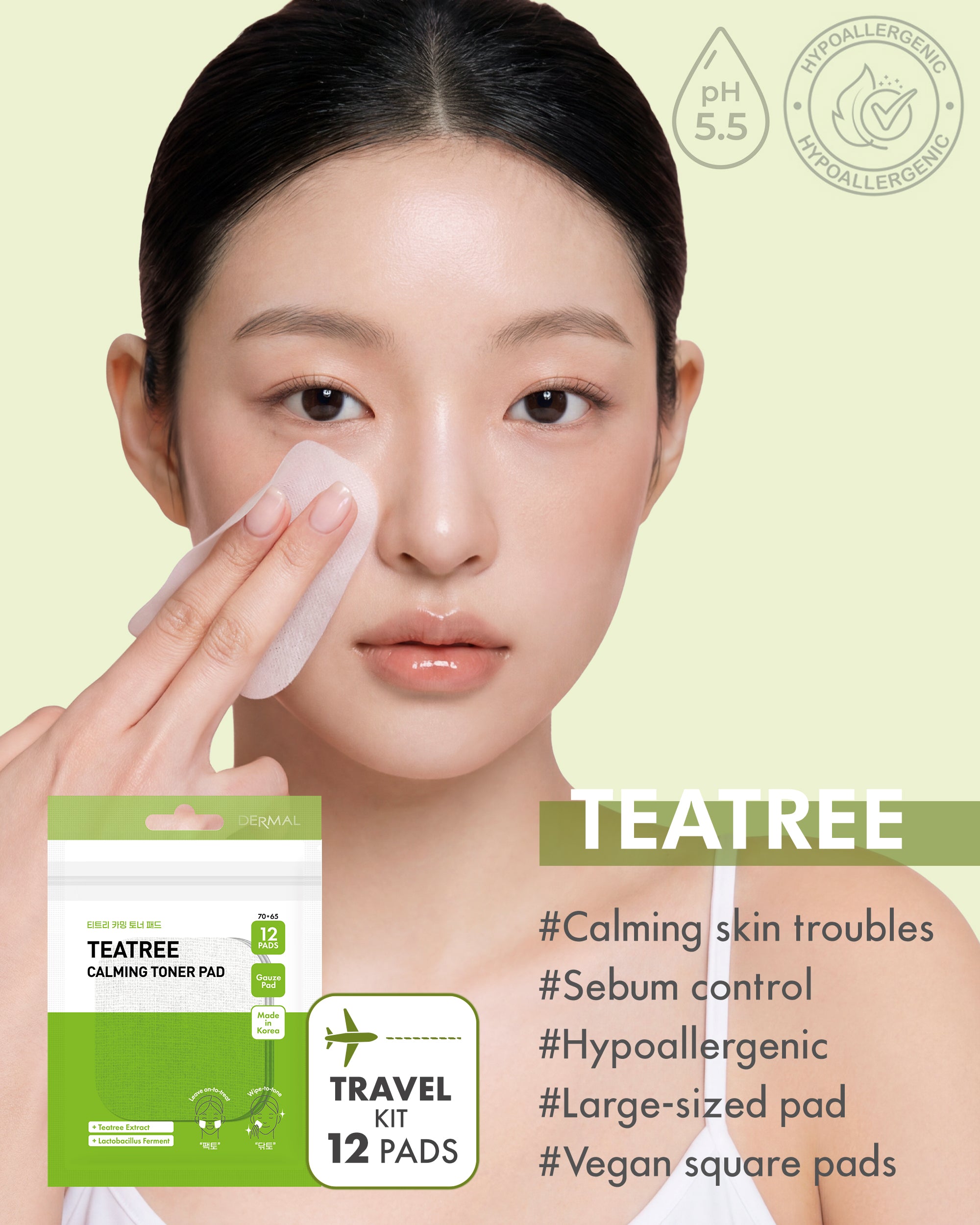 DERMAL Teatree Calming Toner Pad - Travel Kit 12 Pads, 3 Pack (Total 36 Pads)