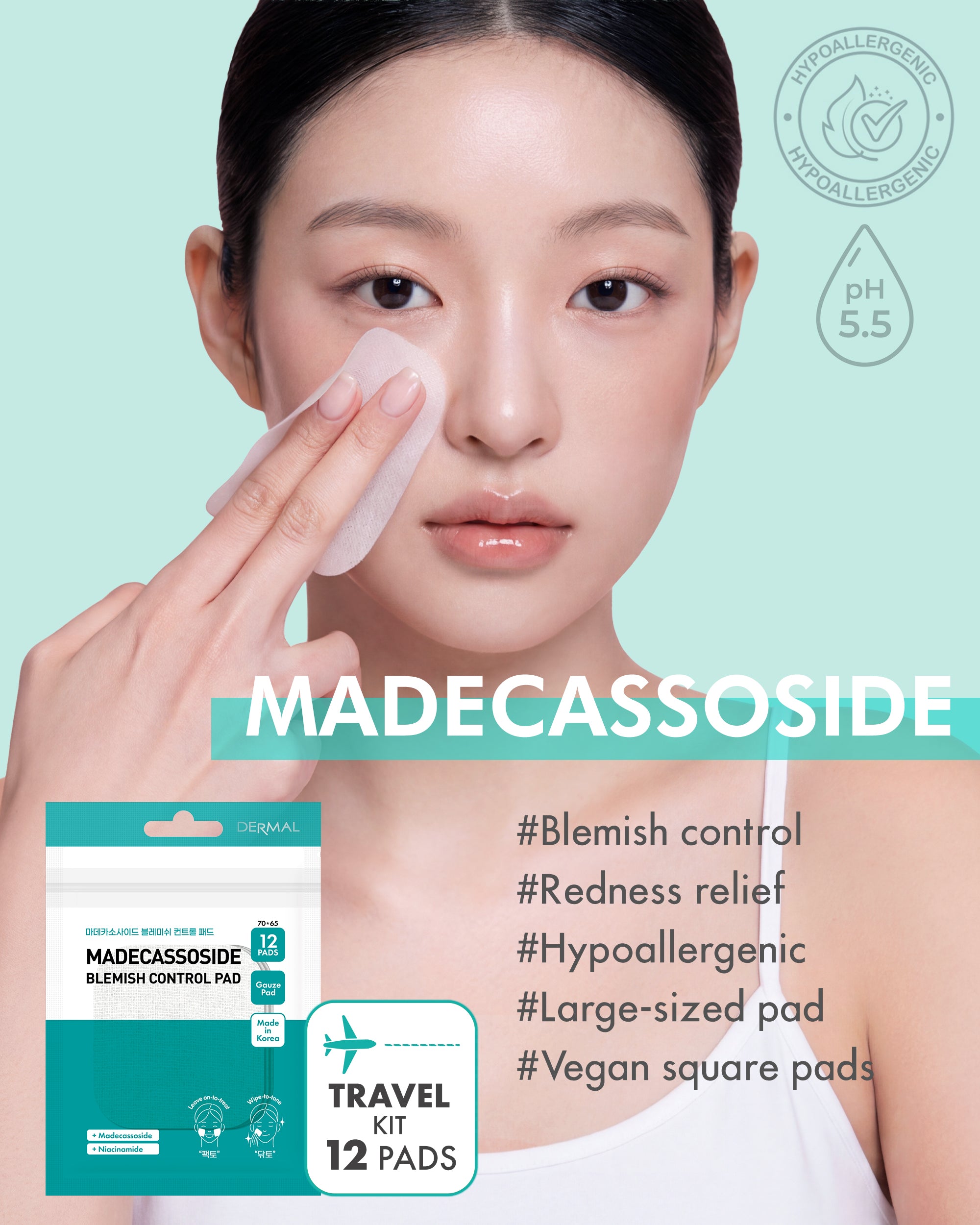 DERMAL Madecassoside Blemish Control Pad - Travel Kit 12 Pads, 3 Pack (Total 36 Pads)
