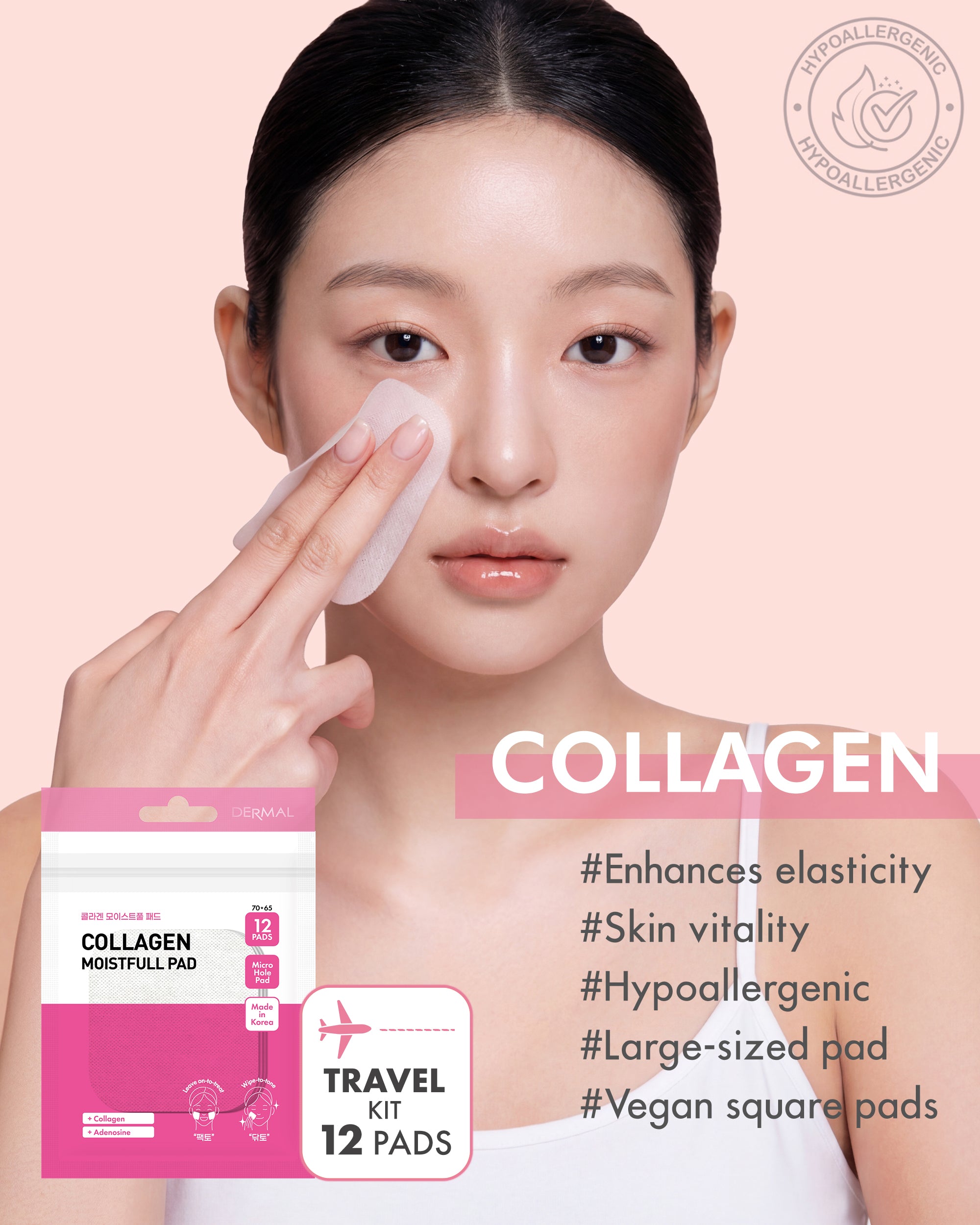DERMAL Collagen Moistfull Toner Pad - Travel Kit 12 Pads, 3 Pack (Total 36 Pads)