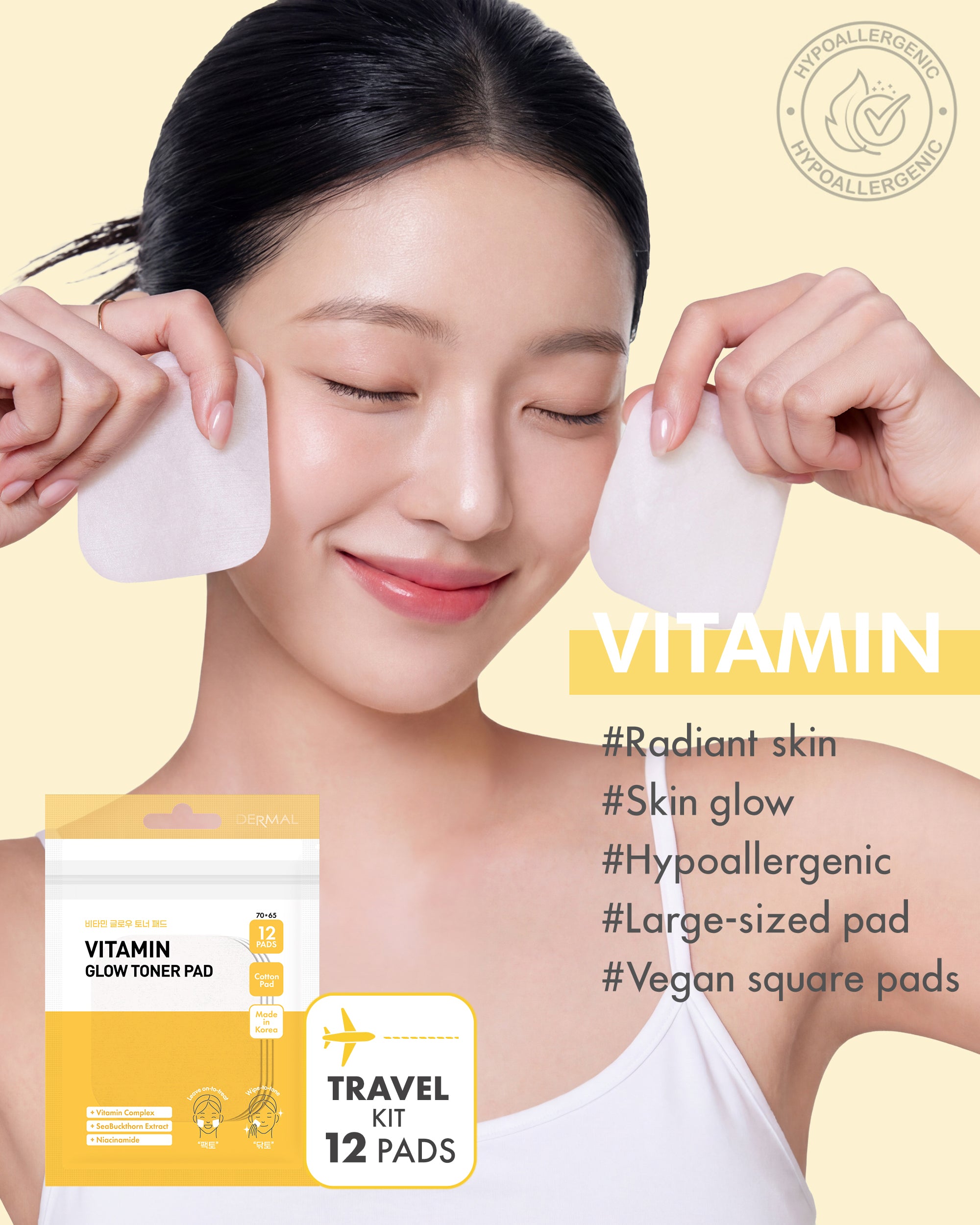 DERMAL Vitamin Toner Pad - Travel Kit 12 Pads, 3 Pack (Total 36 Pads)
