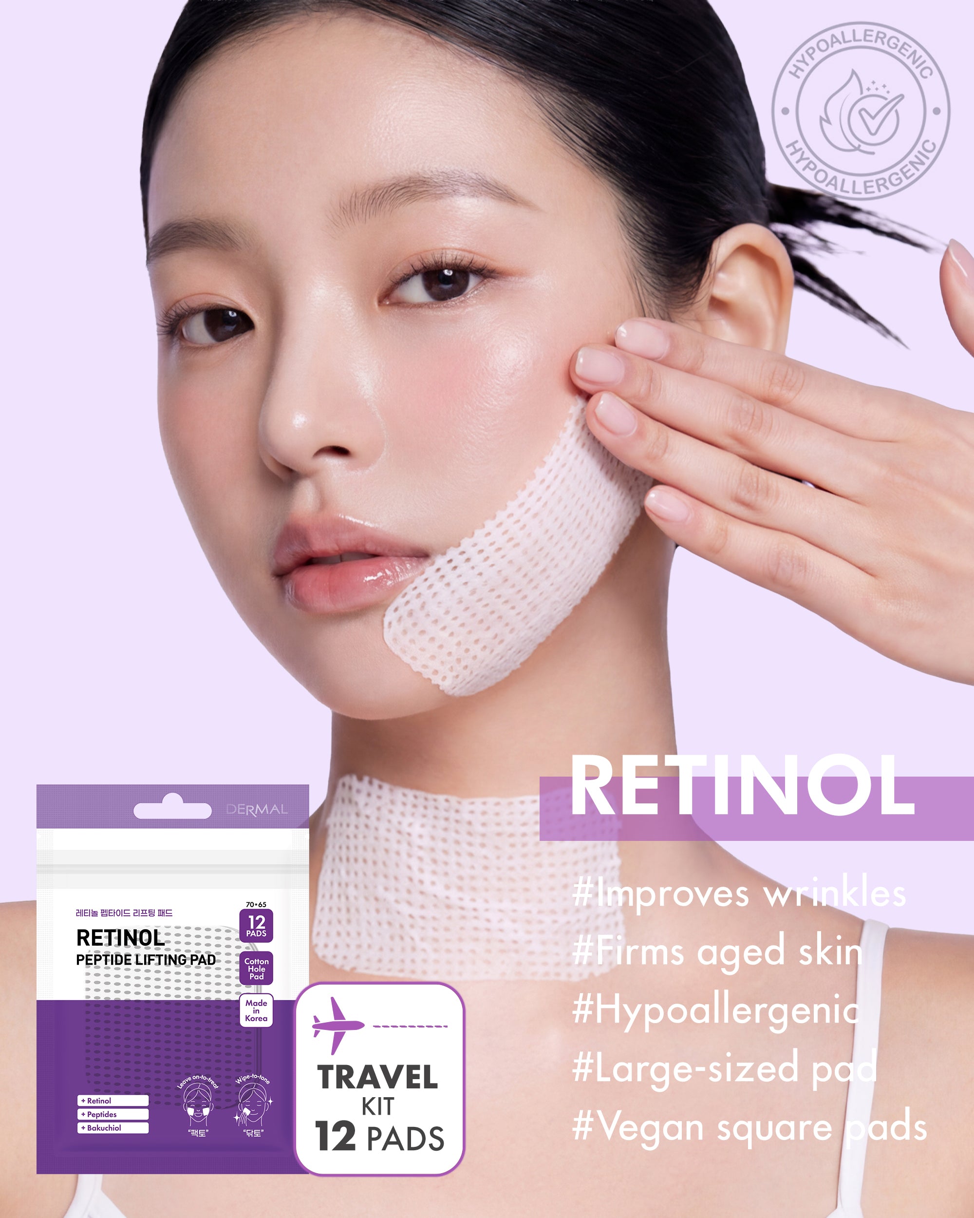 DERMAL Retinol Peptide Lifting Pad - Travel Kit 12 Pads, 3 Pack (Total 36 Pads)